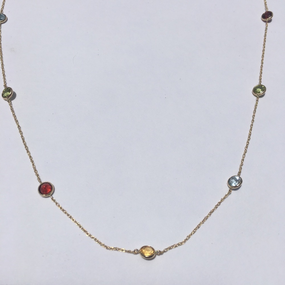 18’-20’ 14k yellow gold genuine gemstone station necklace.
